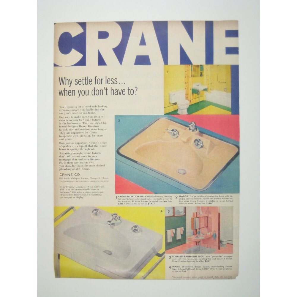 Crane 1956 Vintage Print Ad Bathroom Suite Yellow Porcelain Sink Faucets MOD AD